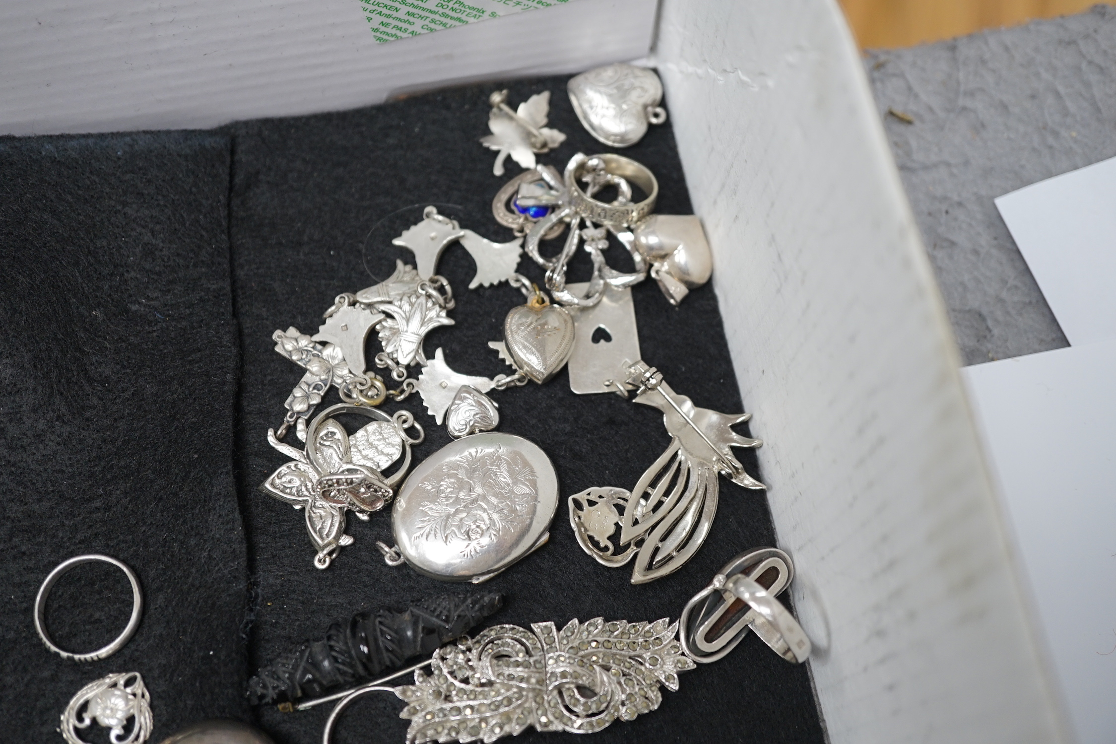 Sundry small silver including mounted glass toilet jars and a Georgian sifter spoon, together with assorted silver and other jewellery including earrings, pendants, brooches etc.